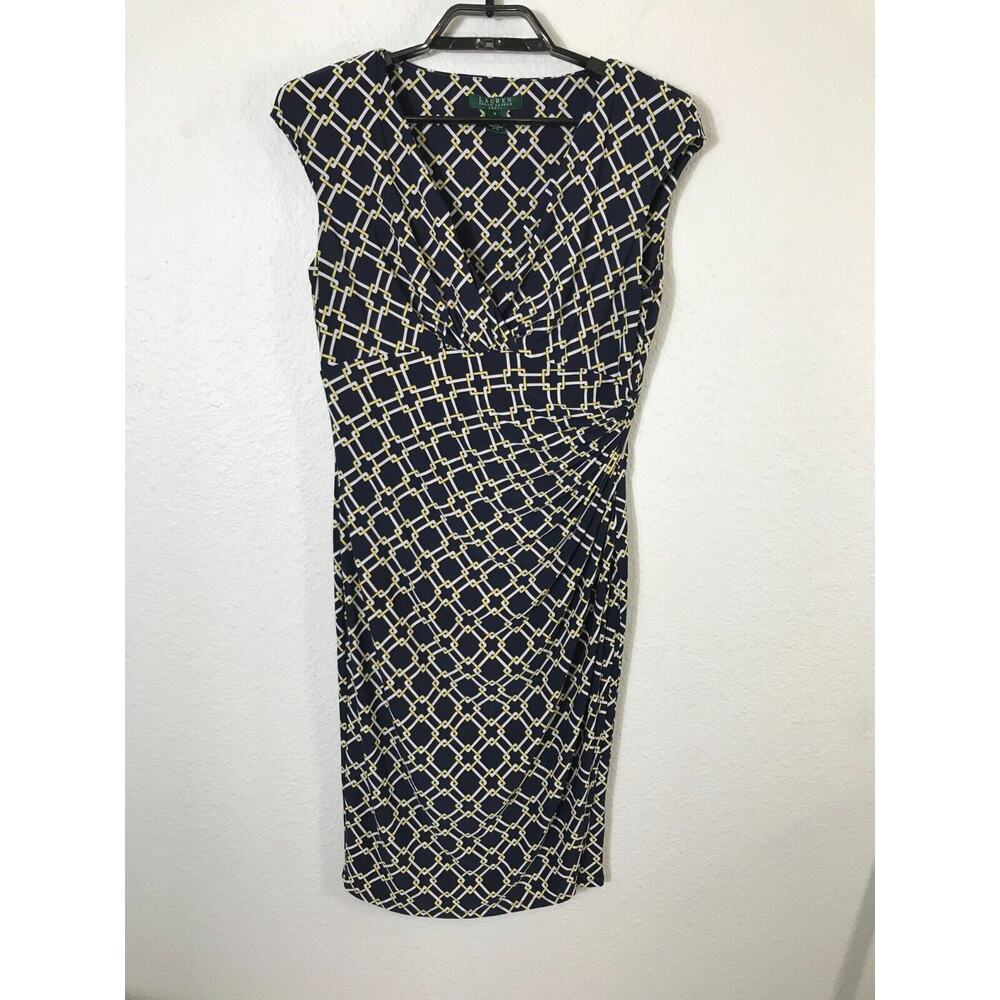 Lauren Ralph Lauren Womens Dress 8 Ruched Sleeveless Multicolor Geometric